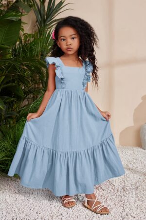 Tween Girls ChocoLa Music Festival Jacquard Monochrome Square Neck Sleeveless Long Dress, Elegant Solid Color, Ruffle Sleeves, Back Bow, Non-Stretch, Summer Casual, Conventional Fit, Short Sleeve, Youthful Style for Outdoor Events