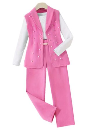A Three-Piece Set for Girls, Suitable for Spring And Autumn, Featuring a Beaded Blazer, a Camisole, And Slim Straight-Leg Pants, Perfect for Outdoor Outfits for Girls Aged 8 to 12.