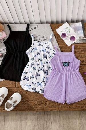 3pcs Fashion Baby Girls Bodysuit, Summer Butterfly Print Solid Color Ribbed Sleeveless Suspender Bodysuit with Bow Decoration, Casual and Comfortable, Perfect for Outdoor
