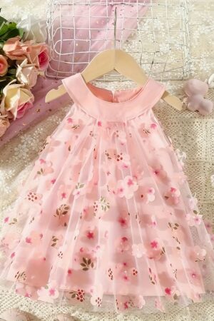 Summer New Sweet Flower Baby Girl Dress - Sleeveless Loose Fit Comfortable Toddler Girls' Clothes with Floral Print, Polyester Material, Cute Style, Perfect for Birthday Party & Elegant Evening Wear, 0-3 Years Old Kids