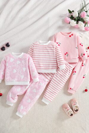 Pretty Valentine's Day Outfit, Girls' Three-Piece Set, Striped Cherry Heart Print Long Sleeve Pants Set, Comfortable Autumnu002FWinter Wear for Outings and School, Ideal Gift, Perfect for Outdoor