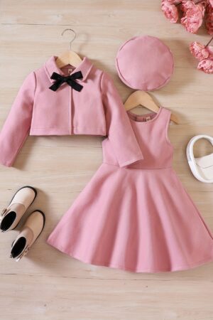 Bust Measurement Is for the Dress. Girls' Autumnu002Fwinter New Style New Year Bow Tweed Coat + Vest Dress + Beret Three-piece Set