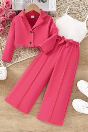 Girls' Casual Trousers Set, Two-Piece Set, a Solid Color Elegant Long-Sleeved Lapel Button Cardigan Jacket, And a Spliced Suspender Casual Jumpsuit, with a Handmade Bow Belt at The Waist, Suitable for Spring And Autumn Outdoor Casual Wear