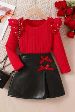 Girl's Clothing Set Featuring a Round-neck Long-sleeve Top with Beaded Ruffle Trim and a Skirt Adorned with a Delicate Three-dimensional Bow. Ideal for Daily Autumn Wear, Birthday Parties, Family Outings, Christmas, and New Year Celebrations
