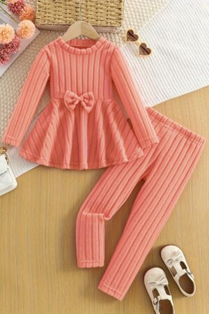 Girls' Fashion Solid Color Fleece-Lined Bow-Knot Long Sleeve Dress and Pants Set | Crew Neck, Non-Stretch Fabric, Suitable for Fallu002FWinter, Casual and Festive Occasions, for Outdoor