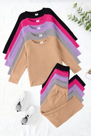 10pcs Girls' Waffle Knit Outfit Set - Soft & Cozy Long Sleeve Tops and Pants in Solid Colors, Stretchy Fabric, Machine Washable for Casual to Semi-Formal Wear, Seasonal Youngsters Clothing|Stylish Waffle Knit|Cozy Texture, Perfect for Outdoor