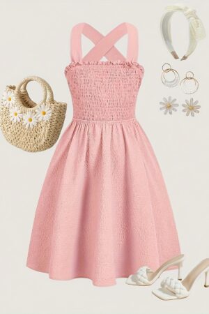 Girls' Summer Sleeveless A-Line Dress with Butterfly Bow Backless Strap - Solid Color Short to Mid-Thigh Length Dress, Machine Washable Party Wedding Playdate Outfit for to Girls