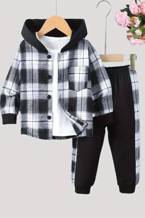 A Set of Two Pieces for Boys Featuring a Creative Long-Sleeve Plaid Cape Jacket And Sweatpants, Designed for Kids, for Outdoor